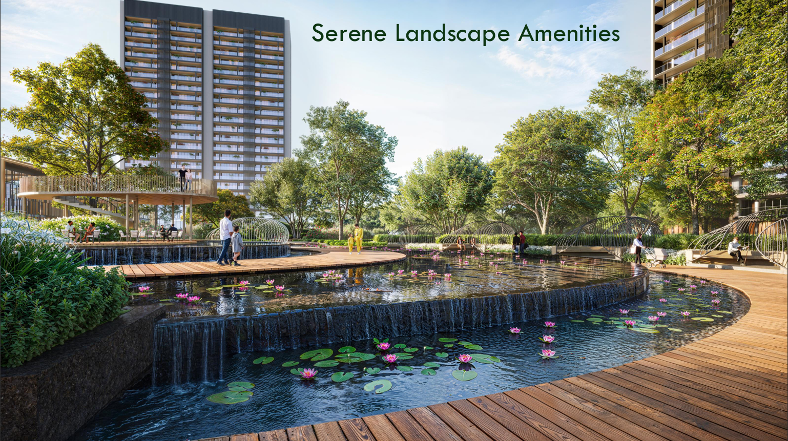 Smart World Nature's Court lily pond water feature and wooden promenade Manesar Gurugram